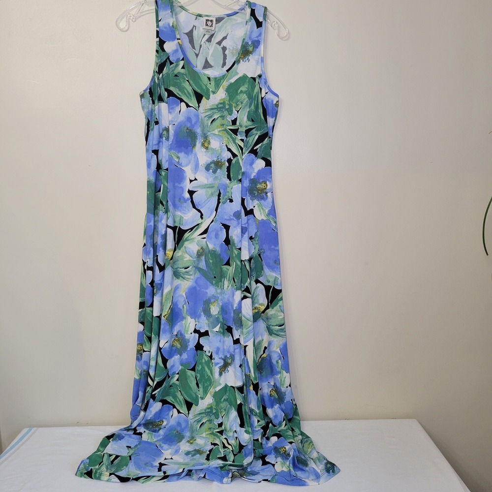Anne Klein Womens Blue Green Floral Scoop Neck Sleeveless Maxi Dress Size S
